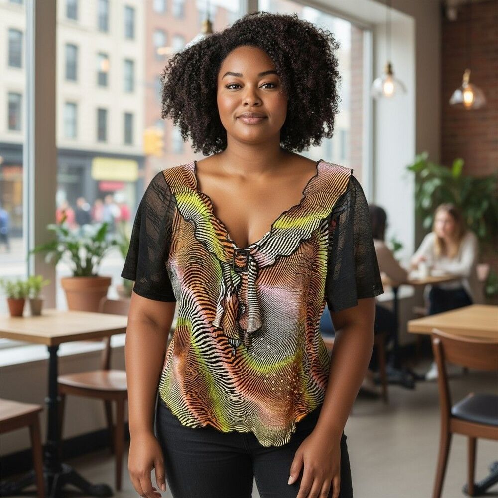Womens Vibrant Shimmery Sequins V neck  Stretchy Top  S/M